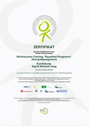 ZPP Zertifikat Nichtraucher Training nach dem Rauchfrei Programm